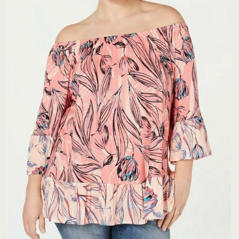 NWOT  Style &Co Printed Pink Floral Off-The-Shoulder Top